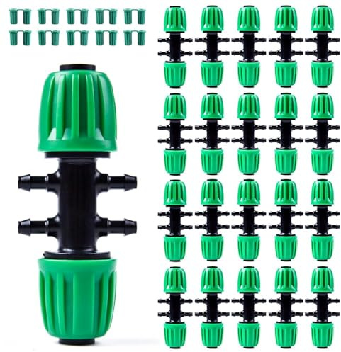 Rolcoassuns Lot de 20 Raccords en T Cannelés de 1/2 à 1/4 Pouce pour Tuyaux d'Irrigation, avec 20 Embouts pour Systèmes Goutte-à-Goutte de 14 mm/16 mm à 4 mm/7 mm, Adaptateur à 6 Voies