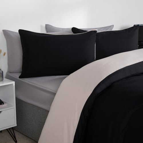 Brentfords Double Duvet Reversible, Microfibre Double Bed Duvet Cover Quilt Cover Bedding Set with Pillowcases Microfibre Quilt Cover Luxury Super Soft Comfy, Natural/Black