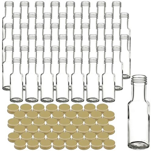 gouveo Lot de 48 bouteilles en verre Dorica 100 ml avec bouchon à vis - Petites bouteilles rondes en verre pour huile, vinaigre et liqueur avec couvercles PP31.5 dorés (DFT100G)