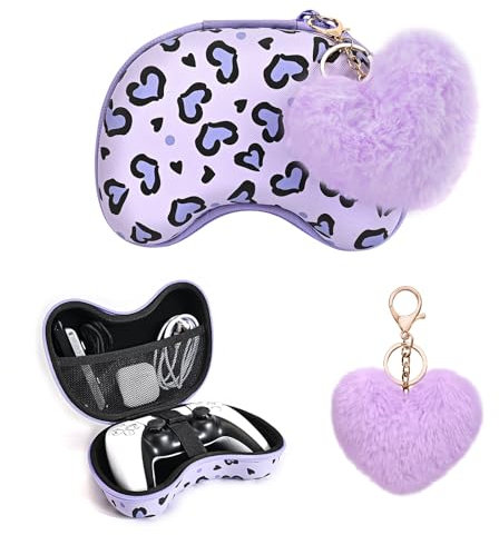 DLseego Carry Case for PS5/ PS4/ Switch Pro/ for Xbox Controller, Portable Travel Bag with Internal Mesh Pocket, Heart Leopard Carrying Storage Protective Bag with 1PC Plush Heart Charm,Purple