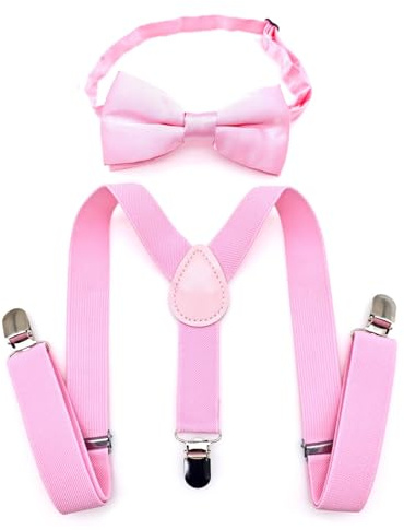 JZK Set di papillon e bretelle rosa chiaro per ragazzi sotto i 135 cm, bretelle regolabili a forma di Y con papillon per bambini piccoli per matrimoni, feste, costumi