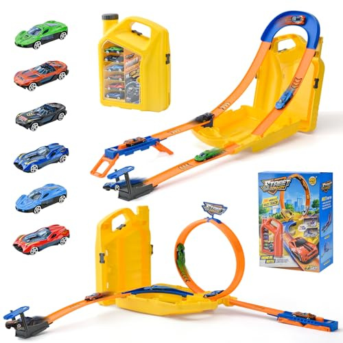 LTFIOON Piste de Course 2 en 1 avec Boîte Rangement Portable, Circuit Voiture Enfant avec 6 Voitures, Boucle et U-Track, Piste de Voiture, Jouet pour Enfant, Jouet Garçon Fille 3+ Ans (Jaune)