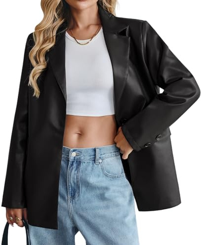 KateModa Women's Faux Leather Blazer Oversized Bomber Winter Coat Motocycle Button Down Fall Jackets with Pockets Black Medium