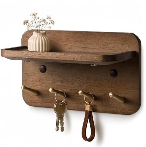 Dxiunove Key Holder for Wall with Shelf – 4 Copper Hooks, Solid Wood, Magnetic, 3 Installation: Adhesive, Screws or Invisible Nails, for Entryway, Living Room, Bedroom, Office, Walnut