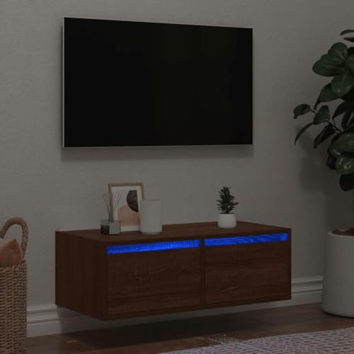 EMYRLXQW Mobiletto TV con luci LED, in rovere marrone, 75 x 35,5 x 25 cm