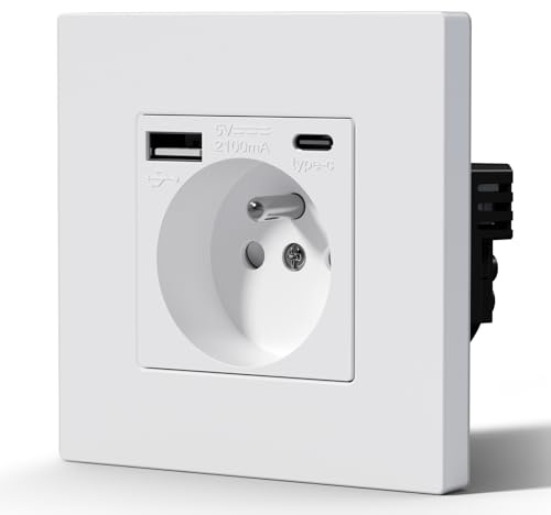 BSEED Prise Murale USB C, Prise Electrique Plastique, 86mm Blanc | Prise Murale avec Panneau En Plastique, 3 IN 1 Prise Encastrée avec USB et Type C, Alternatif Norme Française 16 Amp 240V