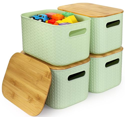 RWFMO 4 Pcs Plastic Storage Baskets with Bamboo Lid, Wicker Style Plastic Storage Boxes with Handle, Organiser Baskets with Lid, Multi-Colour Organiser Bins for Kitchen Bathroom Home Office (Green)