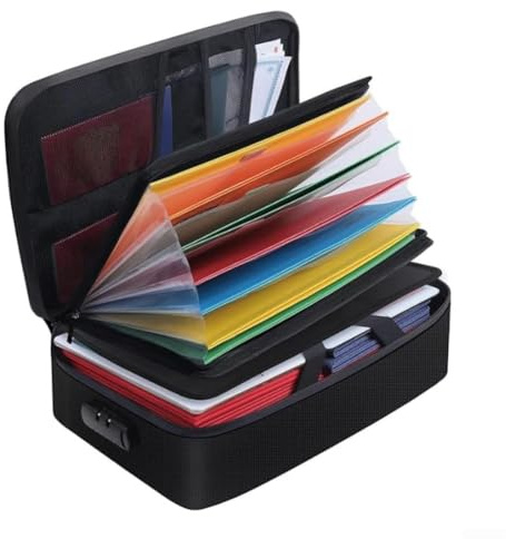 Fireproof Document Bag With Three Digit Password Lock For Important Papers Storage Box Featuring Seven Compartments And Portable Handle In Black Color For Home Office Travel Use
