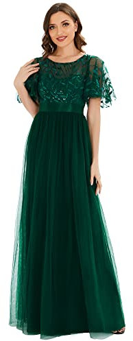 Ever-Pretty Robe de Demoiselle d'honneur Femme Tulle Col Rond Manches Courtes Taille Empire A-Line Longue Vert Foncé 38