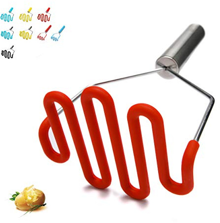 Jell-Cell Potato Masher - Silicone Protect Body with Premuim Stainless Steel Non Scratch Cookware for Smooth Mashed Potato Vegetables and Fruits Color Red