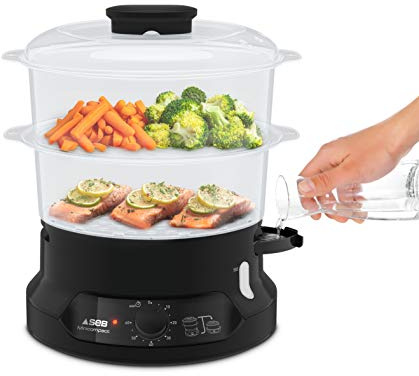 Seb Minicompact - Vapore, cottura sana, 6 l, 800 W, 2 ciotole impilabili, contenitore per riso e cereali, timer 60 min, spegnimento automatico, livello dell'acqua visibile, facile da riporre VC139800