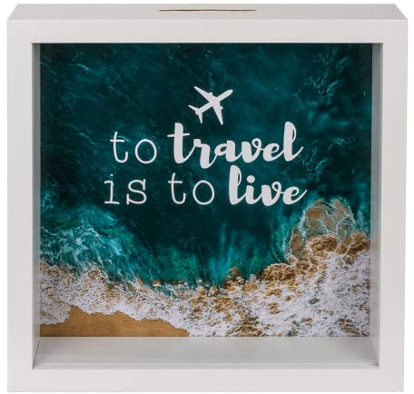 makio Salvadanaio da viaggio per monete To Travel is To Live (20 x 20 x 5 cm) – Cornice in legno con occhiello per appendere – Idea regalo originale per viaggiatori e donatori – Art Deco – Blu