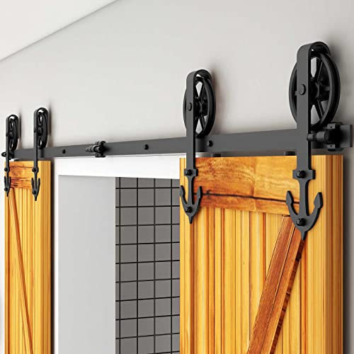 WOLFBIRD 365cm (12FT) Großes Rad Rolle Schiebetürbeschlag Holztür Doppeltür Schiebetürsystem Komplett-Set für 2 türen, Schwarz