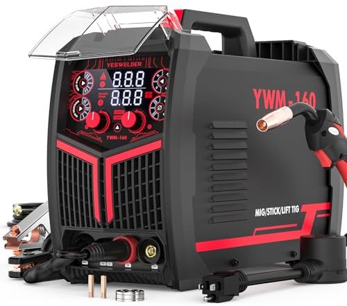 YESWELDER 160A MIG Welder, 110V/220V Dual Voltage, 4 in 1 Gas MIG/Flux Core MIG/Lift TIG/Stick Multiprocess Large LED Digital Display MIG Welding Machine