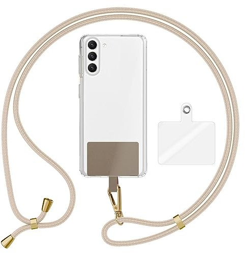 Kaliroo Universal Umhängeband mit 2 Pads & Karabiner-Haken (Gold Metall), Verstellbare Crossbody Handy-Kette 160cm lang für Handyhülle, Befestigung für Smartphone Schlüssel Ausweise, Farbe:Beige