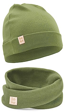 Bubalove Mützen und Schalset für Jungen, Mädchen, Baby, Größen 0mc bis 12 Jahre+ viele Farben, Frühlings-, Herbstsets, Baumwollmützen, handgenäht (52-56, Oliv)