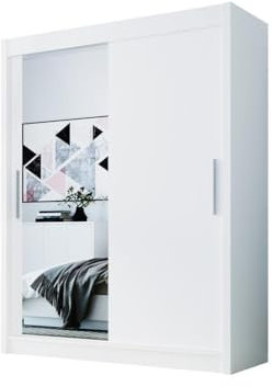 Easy4You D1 120 cm Weiß Schiebetüren Kleiderschrank 120x200x58 cm mit Spiegel - Schlafzimmermöbel, Aufbewahrung - Mehrzweckschrank