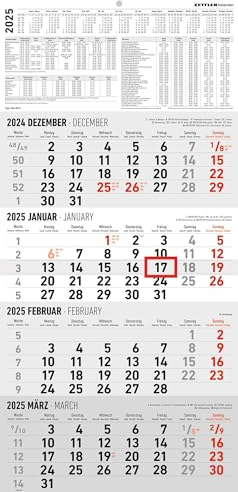 Zettler - 4-Monatskalender 2025, 30x62,8cm, Bürokalender mit Jahresübersicht, Datumsschieber, faltbar, 4 Monate auf einen Blick, Feiertage/Ferientermine DE/AT/CH und internationales Kalendarium