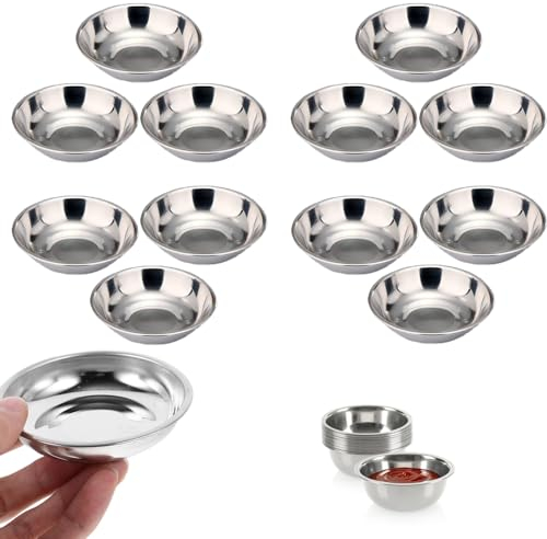 RHQFDM 12 Stück Mini Dipschalen Saucenschälchen Dippschalen Mini Snack Teller Klein Metallschüsseln 8CM Sushi Schüssel Für alle Arten von Gewürzen