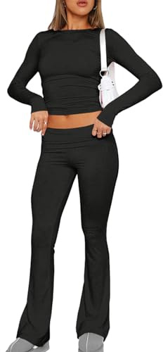 Genikeer Two Piece Outfits Basic Long Sleeve Crop Tops Low Rise Fold Over Yoga Pants, Women's Lounge Flared Legging Set, Long Sleeve Top And Flare Leggings Pajamas Tracksuit