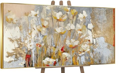 YS-Art Quadro Floreale Astratto Dipinto a Mano in Acrilico, Fiori Bianchi Oro Moderni 120x60 cm