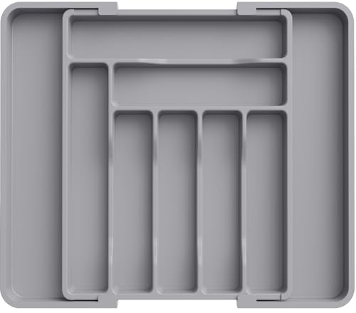 Lifewit Extendable Cutlery Drawer Organiser, Adjustable Cutlery Tray, Utensil Holder for Forks, Spoons, Knives, Plastic Kitchen Organiser and Storage, 9 Compartment, 30-50 x 38cm, Grey