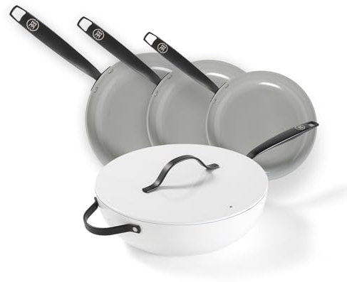 Be Living Essential Pfannenset 4-teilig, Bratpfanne 20/24/28 cm + Wokpfanne 30 cm mit Deckel, Non Stick Keramik Antihaft, Induktion, Ohne ptfe und pfoa, Weiß