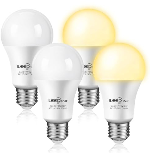 ILEEDear Bombilla LED con Sensor Crepuscular Day/Night E27 11W, Encendido Apagado Automático, Luz calida 3000K, Bombilla LED Sensor Crepuscular Exteriordia, Para Pasillo, Jardín, Terraza, 4 Pcs