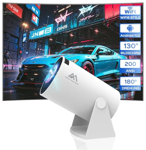 Aubor Mentech Beamer, Mini Beamer mit WLAN und Bluetooth, 180° tragbarer Projektor, 1080P-Unterstützung, 150‘’ Smart-Projektor mit Android TV 11.0, Short Throw, Auto Keyston für Outdoor/Heimkino, Weiß