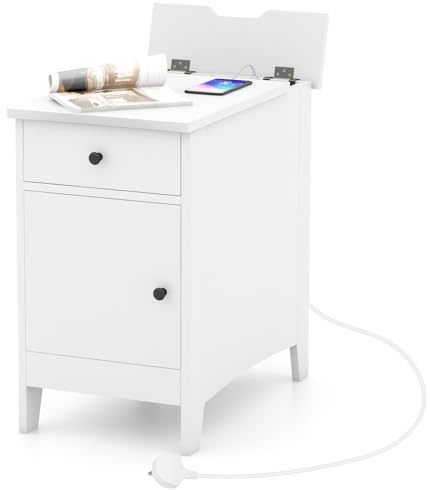 COSTWAY Mesa Auxiliar con Estación de Carga, Mesita de Noche con 2 Puertos USB y 2 Enchufes, Mesa Estrecha con Cajón, Armario y Revistero, Mesa para Sala de Estar, Dormitorio (Blanco)