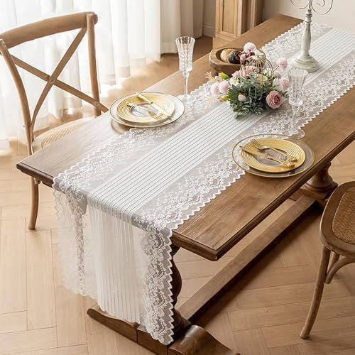 Gsrhzd Tischläufer Weiß 45 x 240CM Spitze, Waschbarer und Dauerhaft für Partys, Esszimmer-Dekorationen, Dessert-Tischdekoration