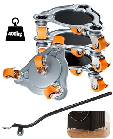 Roulettes pour Meubles Déplace Meuble Kit avec 4 Roulette Meuble Pivotantes à 360° Charge de 400 KG et 1 Levier Souleve Meuble Kit de Leve Meuble Lourd pour Réfrigérateurs, Laver, Canapés