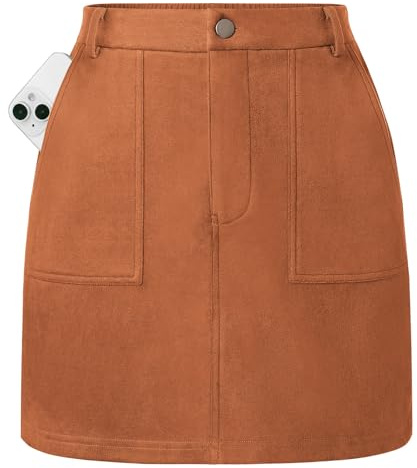 Kate Kasin Damenrock Hohe Taille Einfarbig Kurzer Midirock mit Taschen Knöpfen Braun XL