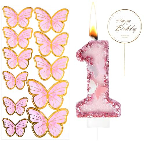 13pcs Happy 1st Birthday Butterfly Candles Cake Topper,Rosa Numero 1 Candela con Farfalla Glitterata Topper,Decorazioni per Torta per il 1° Compleanno Delle Ragazze