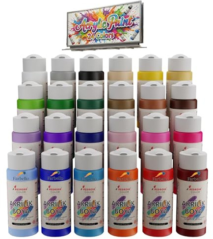Farbello Akrylfärg 24 x 60 ml – högpigmenterade, vattentäta konstnärsfärger för akrylpouring, duk, trä, sten, papper och metall – lysande målarfärger (24 Färger)