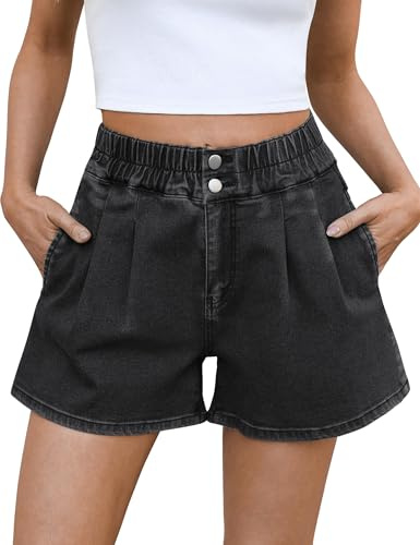 Fengbay Short en jean pour femme - Taille haute - Décontracté - Taille élastique - Short d'été, Noir , M