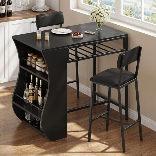 iPormis 3 Piece Breakfast Bar Table and Stools Set, Bar Table Set with 2-Tier Storage Shelves & Wine Rack, kitchen Small Dining Table and Chairs Set 2 for Small Space, Black
