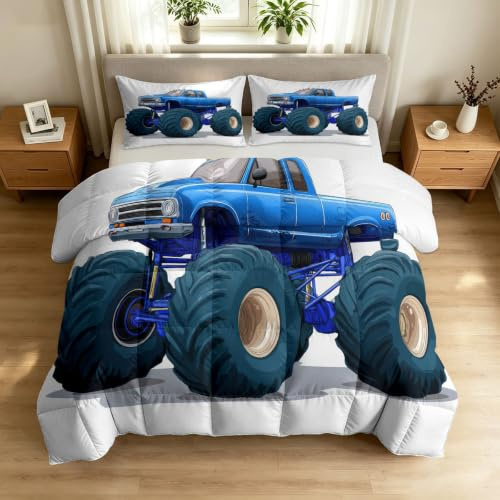 Täckfritt täcke enkel 7,5 Tog – sommartäcke med 2 örngott, 135 x 200 cm täcke med tecknad serie, lätt och mysig 220 GSM fyllning, sport off-road lastbil – filtöverkast för säng