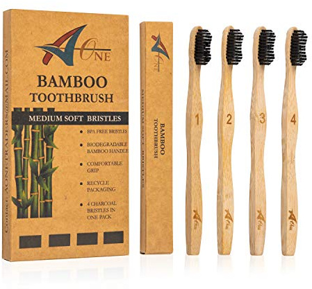 Bamboo Toothbrushes | Organic & Eco-Friendly | 4 Pack in Charcoal Bristles | BPA-Free | Natural Wooden Toothbrush for Adults & Children's | Biodegradable | 100% Plastic-Free Packaging