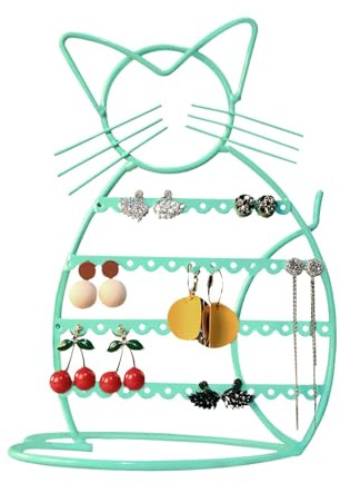Urban Deco Cat Shaped Earring Holder Stand - Metal 48 Stud Holes, Jewelry Display Vanity Organizer For Girls - Jade