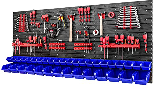 PAFEN Werkzeugwand Stapelboxen 1728 x 780 mm - Lagersystem Set Werkzeughaltern und 36 Stück Box - Wandregal Werkstattregal Lochwand Schüttenregal Sichtlagerkästen, Blau