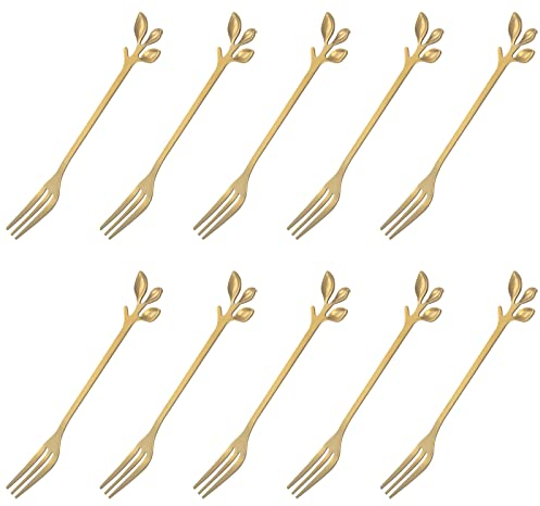 LdawyDE Forchette da dessert, 10 Forchette, Forchette acciaio inox, Materiale in acciaio inox, durevole, resistente ruggine, facile da pulire, a forma di foglia, per dessert, torte (12,5 x 1,5cm, Oro)