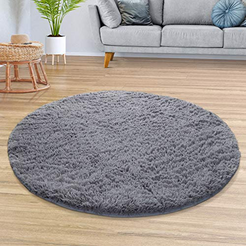 TT Home Teppich Wohnzimmer Hochflor Langflor Weich Soft Modernes Einfarbiges Design, Farbe: Grau, Größe:80 cm Rund