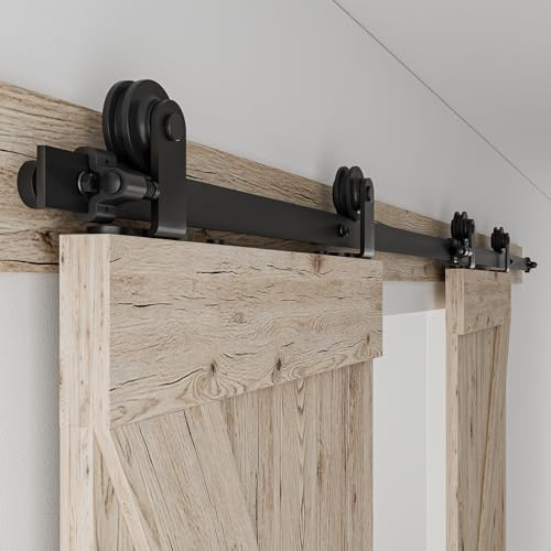 Rail Porte Coulissante Double 396cm Kit Roulette Suspendue Systeme Noir pour 2 Porte Coulissante Interieur 99cm Large, Petite Roue T-forme