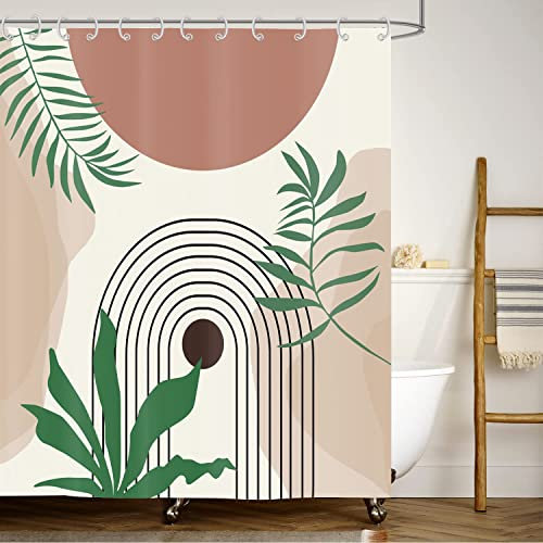 ASDCXZ Shower Curtain 180x240 cm, Boho Art Sun Leaves Lines Abstract Modern Beige Bath Shower Curtains Washable Polyester Textile Waterproof Brown Shower Roller Blind for Bathtub with 12 Hooks
