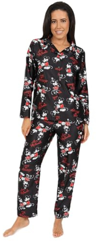 Disney Minnie Mouse Ladies Long Satin Pyjama Set Summer Two Piece Pyjamas for Women Silk Satin sizes 8-22 (10-12) Black