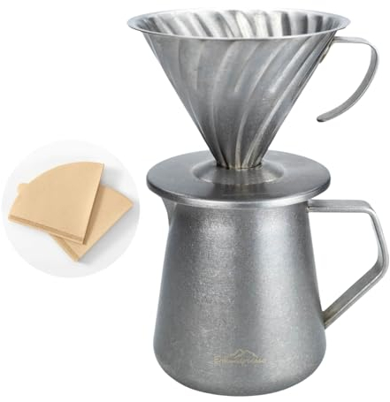 Erkundpresso. Permanenter Pour Over Kaffeebereiter Set für Filterkaffee, 600ml kaffeekanne Set,inklusive 40x Papierfilter,1 bis 4 Tassen-Antikes Handwerk aus Edelstahl