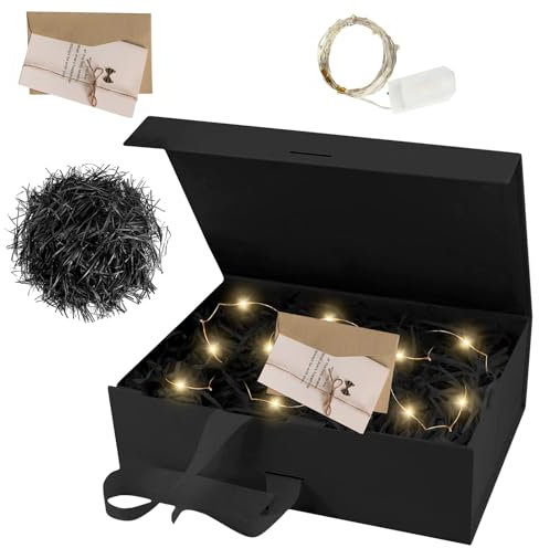 Geschenkbox mit Deckel, Geschenkkarton mit Schleife, Geschenkschachtel, Geschenkkarton mit Raffia Hamper Shreds Grußkarten, Magnetische Geschenkbox LED-Licht für Hochzeit Geburtstag Valentinstag (A)