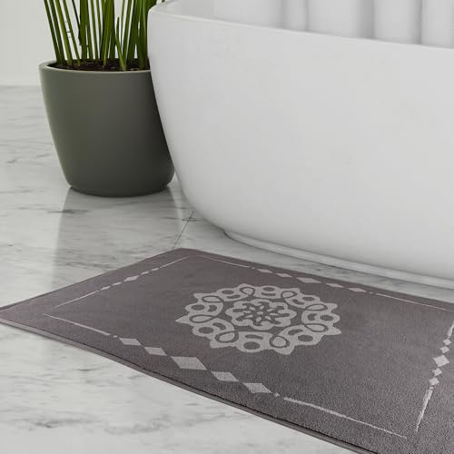 ELEVAVIDA Design Badvorleger grau 60x100 cm aus 100% Baumwolle 1000 g/m2 - Badematte mit Mandala, weicher Badteppich, saugfähig, maschinenwaschbar - graue Duschmatte Frottee Duschvorleger