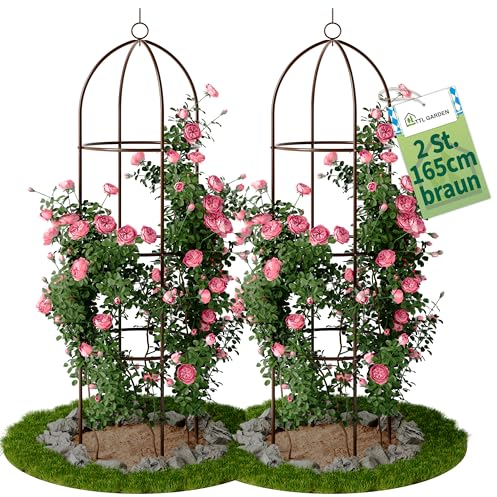 TTL Garden Obelisk Rankhilfe L 165x40cm braun 2er Set - Rosen Rankgitter Metall rostfrei für Kletterpflanzen Rosen Clematis - pulverbeschichteter Stahl 165 cm hoch 40cm Ø Rankturm Tomaten Gurken